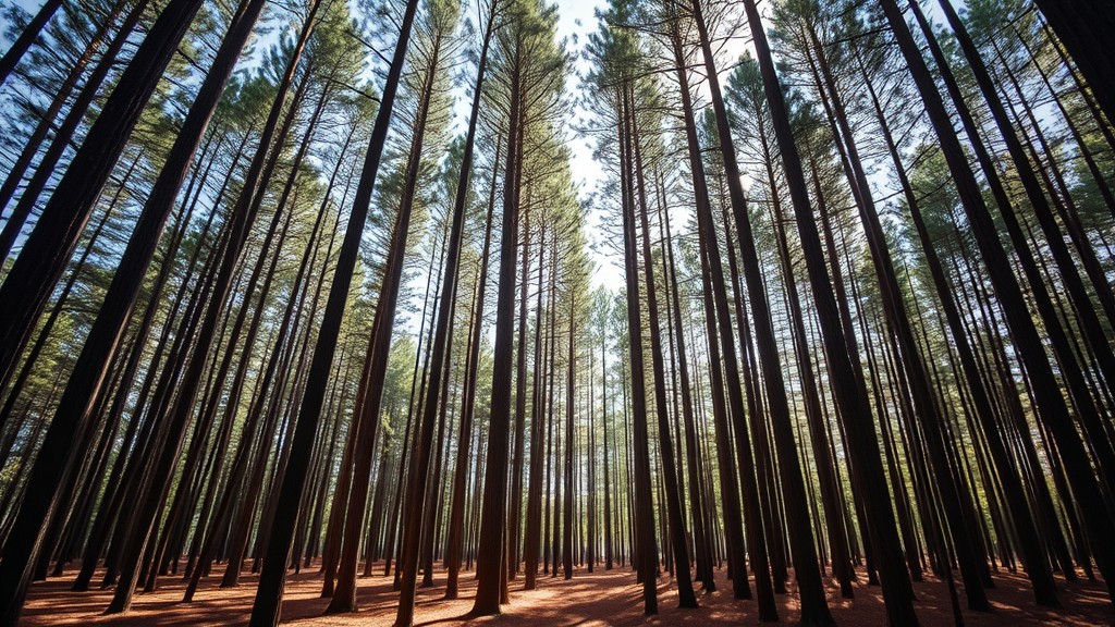 Hutan Pinus dengan Pohon-Pohon yang Tinggi dan Lurus