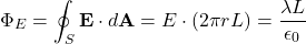 \[ \Phi_E = \oint_S \mathbf{E} \cdot d\mathbf{A} = E \cdot (2 \pi r L) = \frac{\lambda L}{\epsilon_0} \]