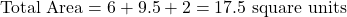 \[ \text{Total Area} = 6 + 9.5 + 2 = 17.5 \text{ square units} \]