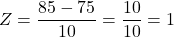 \[ Z = \frac{85 - 75}{10} = \frac{10}{10} = 1 \]