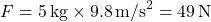\[ F = 5 \, \text{kg} \times 9.8 \, \text{m/s}^2 = 49 \, \text{N} \]