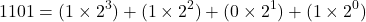 \[ 1101 = (1 \times 2^3) + (1 \times 2^2) + (0 \times 2^1) + (1 \times 2^0) \]