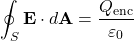\[ \oint_{S} \mathbf{E} \cdot d\mathbf{A} = \frac{Q_{\text{enc}}}{\varepsilon_0} \]