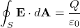 \[ \oint_{S} \mathbf{E} \cdot d\mathbf{A} = \frac{Q}{\varepsilon_0} \]