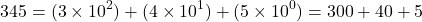 \[ 345 = (3 \times 10^2) + (4 \times 10^1) + (5 \times 10^0) = 300 + 40 + 5 \]