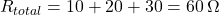 \[ R_{total} = 10 + 20 + 30 = 60 \, \Omega \]