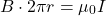 \[ B \cdot 2 \pi r = \mu_0 I \]