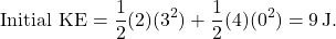 \[ \text{Initial KE} = \frac{1}{2}(2)(3^2) + \frac{1}{2}(4)(0^2) = 9 \, \text{J}. \]