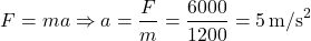 \[ F = ma \Rightarrow a = \frac{F}{m} = \frac{6000}{1200} = 5 \, \text{m/s}^2 \]