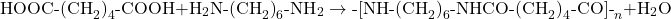 \[ \text{HOOC-(CH}_2\text{)}_4\text{-COOH} + \text{H}_2\text{N-(CH}_2\text{)}_6\text{-NH}_2 \rightarrow \text{-[NH-(CH}_2\text{)}_6\text{-NHCO-(CH}_2\text{)}_4\text{-CO]-}_n + \text{H}_2\text{O} \]