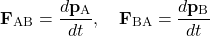 \[ \mathbf{F}_{\text{AB}} = \frac{d\mathbf{p}_{\text{A}}}{dt}, \quad \mathbf{F}_{\text{BA}} = \frac{d\mathbf{p}_{\text{B}}}{dt} \]