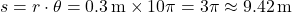 \[ s = r \cdot \theta = 0.3 \, \text{m} \times 10\pi = 3\pi \approx 9.42 \, \text{m} \]