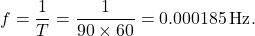 \[ f = \frac{1}{T} = \frac{1}{90 \times 60} = 0.000185 \, \text{Hz}. \]