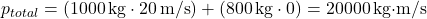 \[ p_{total} = (1000 \, \text{kg} \cdot 20 \, \text{m/s}) + (800 \, \text{kg} \cdot 0) = 20000 \, \text{kg·m/s} \]