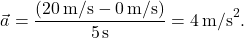 \[ \vec{a} = \frac{(20 \, \text{m/s} - 0 \, \text{m/s})}{5 \, \text{s}} = 4 \, \text{m/s}^2. \]