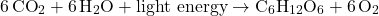 \[ 6 \, \text{CO}_2 + 6 \, \text{H}_2\text{O} + \text{light energy} \rightarrow \text{C}_6\text{H}_{12}\text{O}_6 + 6 \, \text{O}_2 \]