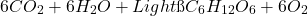 \[ 6CO_2 + 6H_2O + Light → C_6H_{12}O_6 + 6O_2 \]