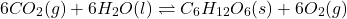 \[ 6CO_2(g) + 6H_2O(l) \rightleftharpoons C_6H_{12}O_6(s) + 6O_2(g) \]