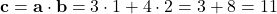 \[ \mathbf{c} = \mathbf{a} \cdot \mathbf{b} = 3 \cdot 1 + 4 \cdot 2 = 3 + 8 = 11 \]