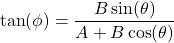 \[ \tan(\phi) = \frac{B \sin(\theta)}{A + B \cos(\theta)} \]