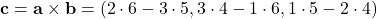 \[ \mathbf{c} = \mathbf{a} \times \mathbf{b} = (2 \cdot 6 - 3 \cdot 5, 3 \cdot 4 - 1 \cdot 6, 1 \cdot 5 - 2 \cdot 4) \]