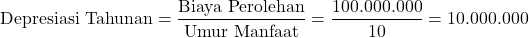 \[ \text{Depresiasi Tahunan} = \frac{\text{Biaya Perolehan}}{\text{Umur Manfaat}} = \frac{100.000.000}{10} = 10.000.000 \]