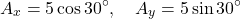 \[ A_x = 5 \cos 30^\circ, \quad A_y = 5 \sin 30^\circ \]