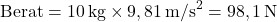 \[ \text{Berat} = 10 \, \text{kg} \times 9,81 \, \text{m/s}^2 = 98,1 \, \text{N} \]